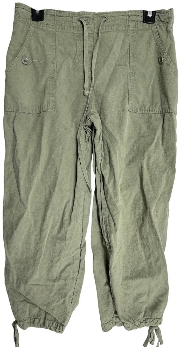 Fashion Bug Cropped Pants Womens Size M Green Drawstring Pockets 100% Cotton Y2K